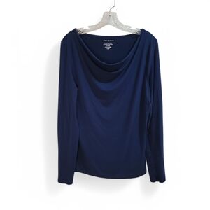 Lord & Taylor Navy Blue Stretchy Cowl Neck‎ Long Sleeve Blouse Top Women's PL